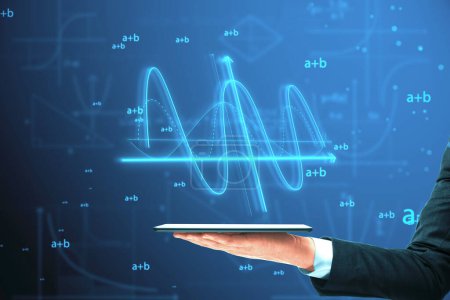 Close up of businessman hand holding cellphone with abstract glowing mathematical formula graph on blue background. Equation, digital data and mathematics app concept
