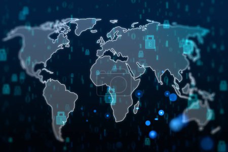 Concept de sécurité réseau mondial avec carte du monde numérique couverte par des icônes de verrouillage sur fond sombre. rendu 3D
