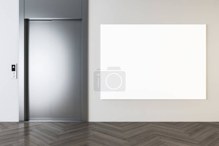 Frontansicht auf leerem weißen Großposter mit Platz für Ihr Logo oder Text an hellbeiger Wand in modernem Büroflur mit metallischem Lifteingang und Holzparkettboden. 3D-Rendering, Mock up