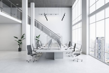 Foto de Moderno blanco brillante de dos pisos coworking interior de la oficina con muebles y ventana con vistas brillantes a la ciudad. Renderizado 3D - Imagen libre de derechos