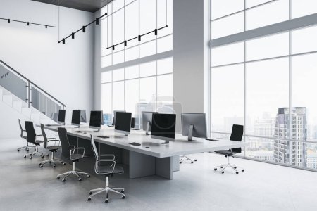 Modernes, helles, zweistöckiges Coworking-Büro mit Möbeln und Panoramafenster mit hellem Blick auf die Stadt. 3D-Rendering
