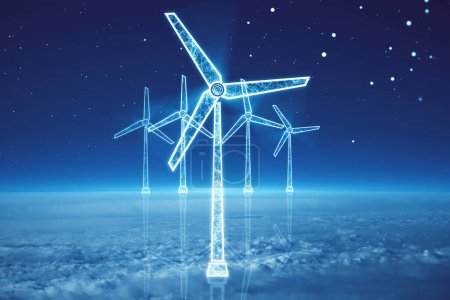 Photo for Glowing digital wind mill turbine hologram on blue sky and clouds background. Wind generator concept. Double exposure - Royalty Free Image