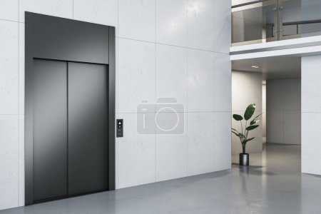 Foto de Moderno vestíbulo interior de la oficina con ascensor, planta decorativa y suelos de hormigón. Renderizado 3D - Imagen libre de derechos