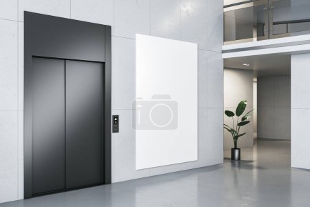 Téléchargez les photos : Intérieur moderne du hall d'accueil avec affiche blanche vide, ascenseur, plante décorative et sol en béton. Rendu 3D - en image libre de droit