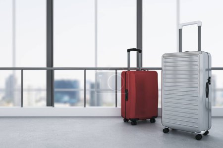 Red and gray suitcases placed in bright blurry airport interior with panoramic windows and city view. Travel and luggage concept. 3D Rendering