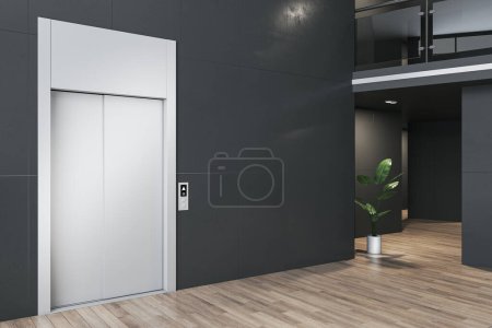 Modernes Bürofoyer mit Aufzug, dekorativen Pflanzen und Holzböden. 3D-Rendering