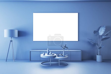 Frontansicht auf weißem TV-Bildschirm mit Platz für Ihr Logo oder Text auf blauem Wandhintergrund im gemütlichen Wohnzimmer mit Couchtisch, Vintage-Lampe und Blume im Topf. 3D-Rendering, Mockup