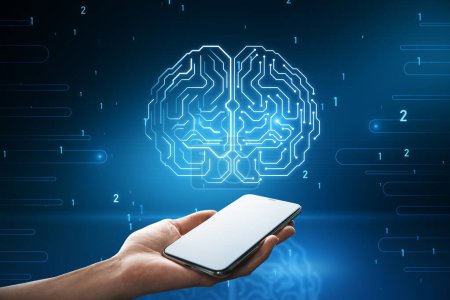 Close up of hand woman holding cellphone with glowing human brain hologram on blurry background. Neurology research and artificial intelligence concept