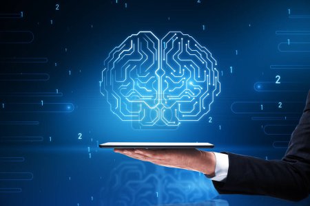 Close up of businessman hand holding cellphone with glowing human brain hologram on blurry background. Neurology research and artificial intelligence concept