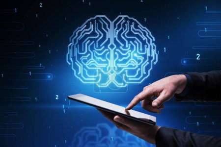 Close up of businessman hand pointing at cellphone with glowing human brain hologram on blurry background. Neurology research and artificial intelligence concept
