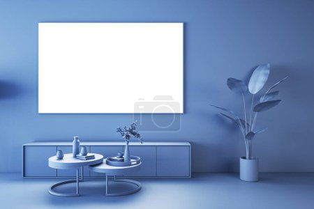 Frontansicht auf weißem Bildschirm auf dunklem Wandhintergrund im Wohnzimmer mit stilvollem Couchtisch und Blume im Topf. 3D-Rendering, Mock up