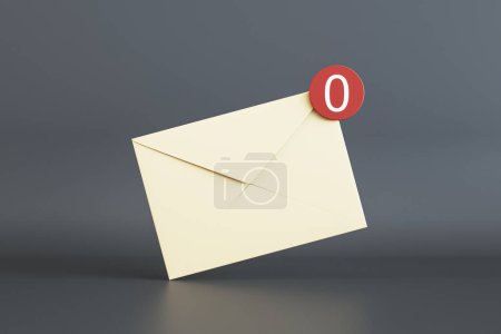 No hay mensajes o concepto de notificación con vista frontal en sobre de papel de correo electrónico beige con cero blanco en círculo rojo en la esquina sobre fondo oscuro. Renderizado 3D