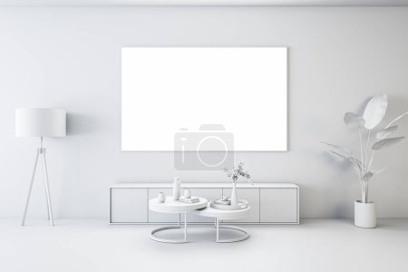 Frontansicht auf blankem weißen TV-Bildschirm mit Platz für Ihr Logo oder Text auf hellem Wandhintergrund im gemütlichen insgesamt weißen Wohnzimmer mit Couchtisch und Vintage-Stilampe. 3D-Rendering, Mock up