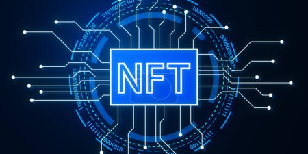 Creative glowing blue nft circuit hologram on dark background. Non fungible token and cryptocurrency concept. 3D Rendering