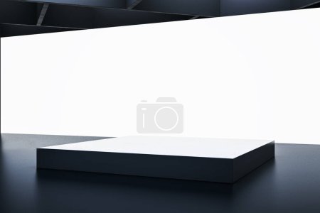 Foto de Espacio de evento contemporáneo con una gran pantalla led blanca, oscura y elegante. Burlarse. Renderizado 3D - Imagen libre de derechos