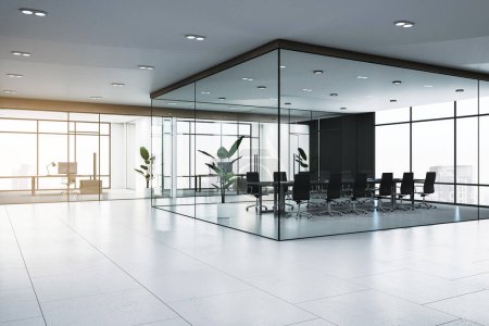 Téléchargez les photos : Environnement de bureau moderne avec salle de réunion en verre et paysage urbain, design spacieux. Rendu 3D - en image libre de droit