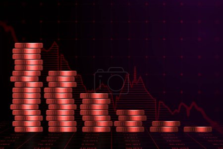 Stacks of coins and falling graph chart depicting a financial crisis, on a dark red background, concept of market downturn. 3D Rendering