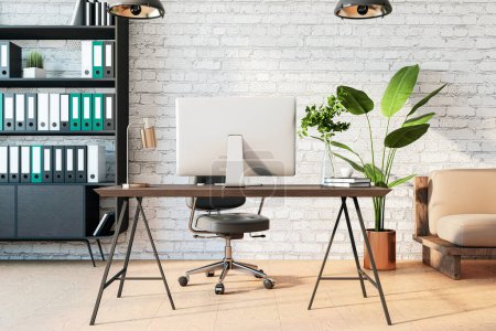 Téléchargez les photos : Un intérieur de bureau moderne avec un bureau, un ordinateur, un fauteuil et des plantes décoratives contre un mur de briques blanches, incarnant un espace de travail professionnel. Rendu 3D - en image libre de droit