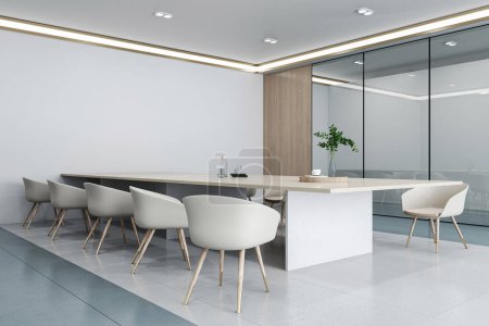 Modern conference room with a long table, chairs, and partition glass, on a light tiled background, concept of a workplace. 3D Rendering