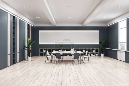 A modern meeting room with a whiteboard, desk and chairs set on a wooden floor and a dark green wall. 3D Rendering