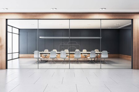 A modern boardroom with a long table, chairs, and large windows, set on a grey and wooden background depicting a business environment. 3D Rendering