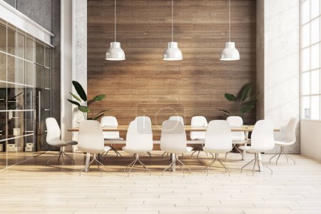 A modern meeting room with a long table, chairs, and a pleasant wooden background, embodying a contemporary design in a bright workspace. 3D Rendering