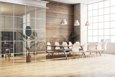 Empty modern conference room with a wooden table, white chairs, large windows, and wooden wall, office concept. 3D Rendering