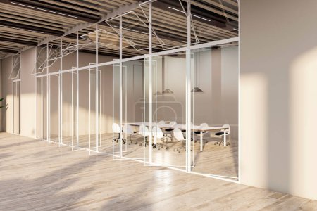 Modern office meeting room with glass partitions, furnished with white chairs and a conference table, beige and wood design, empty and well-lit for a business background. 3D Rendering