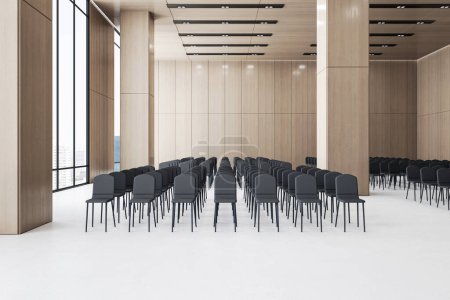Intérieur élégant de la salle de conférence avec chaises noires et accents en bois. Conception de sites d'affaires. Rendu 3D