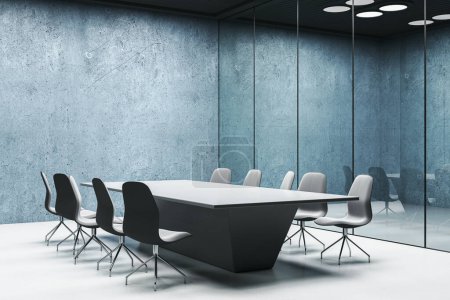 Clean glass concrete meeting room interior with empty mock up place on wall and furniture. 3D Rendering