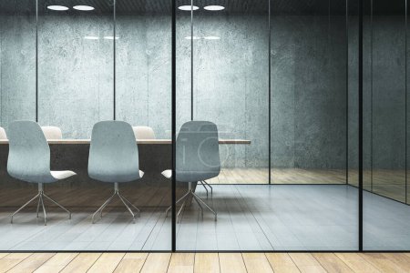 Clean glass concrete meeting room interior with furniture. 3D Rendering