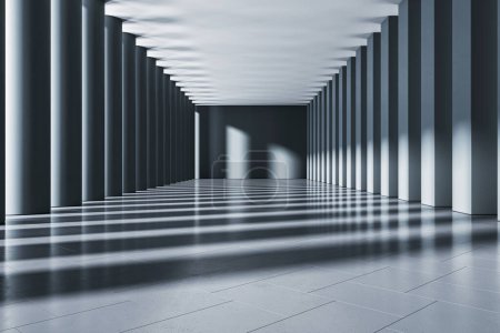 Téléchargez les photos : Couloir intérieur moderne avec de hautes colonnes, des motifs d'ombre sur le sol, sur un fond propre, concept de design minimaliste. Rendu 3D - en image libre de droit