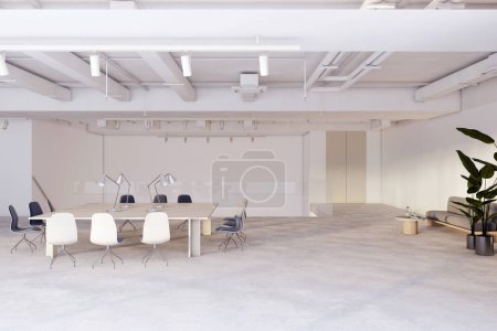 Moderno interior de la oficina con una mesa de conferencias, sillas y suelos de hormigón, situado en un fondo neutral, concepto de lugar de trabajo. Renderizado 3D
