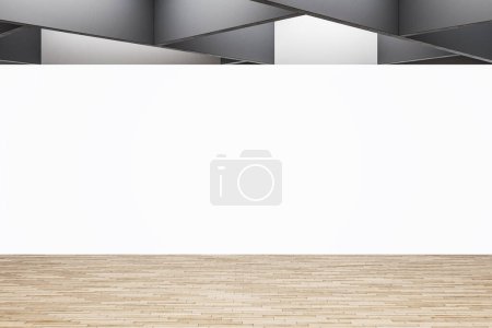 Foto de Configuración minimalista de eventos con una pantalla blanca prominente y suelo de madera. Prepárate. Renderizado 3D - Imagen libre de derechos