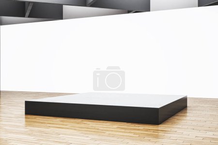 Foto de Área de presentación moderna con gran fondo blanco contra un piso patrón de espiga. Prepárate. Renderizado 3D - Imagen libre de derechos