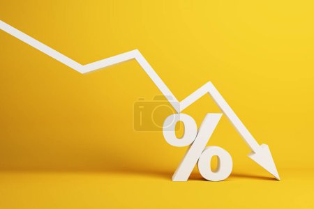 Photo for Falling white chart arrow with percent icon on yellow background. Falling interest rates and mortgage concept. 3D Rendering - Royalty Free Image