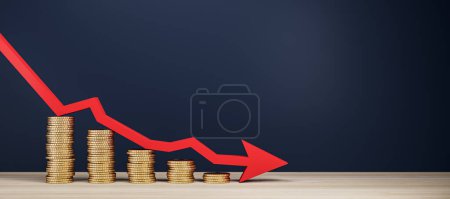 Gestapelte Münzen und ein roter Pfeil, der die Finanzkrise auf dunkelblauem Hintergrund darstellt, Konzept des Marktcrashs. 3D-Rendering