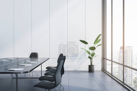 Modern conference room with a large table, chairs and a plant, with a city background through floor-to-ceiling windows, concept of a business meeting space. 3D Rendering