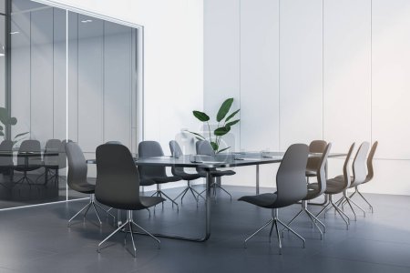 A modern and sleek conference room with a glass table, surrounded by designer chairs, set against a white wall and glass partition, conveying a professional business atmosphere. 3D Rendering