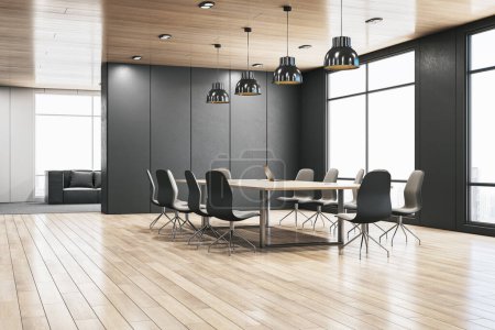 Modern conference room with a long table, chairs, and large windows, set in a corporate office atmosphere with a cityscape background, 3D Rendering. 3D Rendering