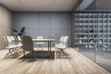 A modern conference room with a wooden table, white chairs, and shelves, set against a grey wall, reflecting a corporate design. 3D Rendering