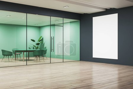 Photo for An office interior with a blank white poster mockup on a wall, modern glass partition, and the view of a room with furniture, on a wooden and glass background, concept of branding. 3D Rendering - Royalty Free Image