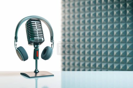 Kreatives Bild mit Mikrofon und Attrappe auf grauem Hintergrund. Podcast-Werbung und Voiceover-Konzept. 3D-Rendering
