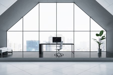 Frontansicht am Arbeitsplatz mit modernem Computer auf schwarzem Tisch auf dunklem Hochglanz-Podium mit grüner Pflanze im monochromen Innenarchitekturbüro auf Stadtansichten-Hintergrund aus einem riesigen Bogenfenster. 3D-Rendering