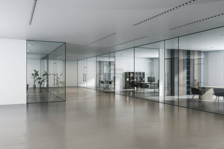 Téléchargez les photos : Vue en perspective sur le hall de bureau spacieux moderne avec des armoires meublées élégantes derrière des cloisons en verre et un sol en béton brillant sur fond de murs clairs. rendu 3D - en image libre de droit