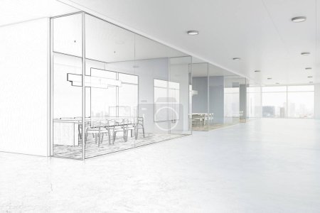 Téléchargez les photos : Vue latérale sur l'aménagement intérieur moderne du bureau avec salle de réunion derrière un mur de verre, sol brillant clair et vue sur la ville depuis la fenêtre panoramique dans le couloir. rendu 3D - en image libre de droit