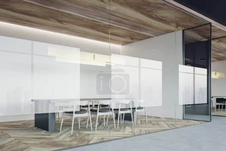 Téléchargez les photos : Vue en perspective sur le design intérieur minimaliste moderne de la salle de réunion avec des meubles sombres sur sol en bois sur fond de mur clair derrière des murs en verre. rendu 3D - en image libre de droit