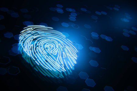 Cyber-Sicherheit und biometrisches Datenkonzept mit perspektivischem Blick auf den digitalen menschlichen beleuchteten Fingerabdruck auf abstraktem, dunklem technologischem Hintergrund mit polygonalen Figuren. 3D-Rendering