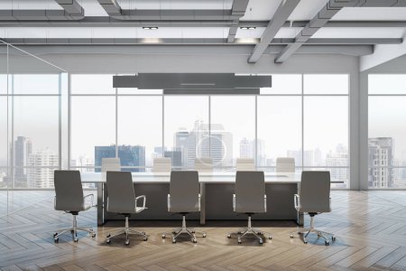 Téléchargez les photos : Vue de face sur une immense table de réunion blanche brillante entourée de chaises de bureau au sol en bois dans la salle de conférence design intérieur avec vue sur l'horizon de la ville arrière-plan de la fenêtre panoramique. rendu 3D - en image libre de droit
