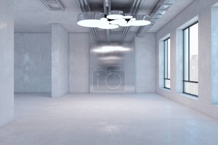 Foto de Diseño de habitación de hormigón limpio abstracto con ventanas y luz del día. Renderizado 3D - Imagen libre de derechos